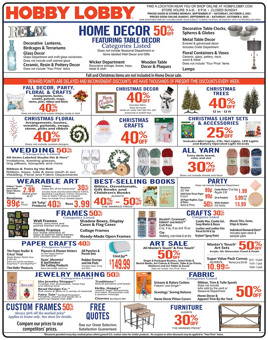 Hobby Lobby Weekly Ad - Prices Good Through October 2nd 2021 Hobby Lobby Weekly Ad - Prices Good Through October 2nd 2021