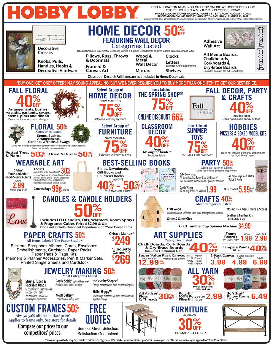 Hobby Lobby Weekly Ad - Prices Good Through August 13th 2022 Hobby Lobby Weekly Ad - Prices Good Through August 13th 2022