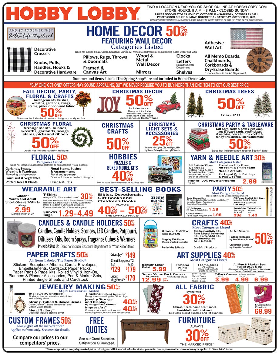 Hobby Lobby Weekly Ad - Prices Good Through October 23rd 2021 Hobby Lobby Weekly Ad - Prices Good Through October 23rd 2021