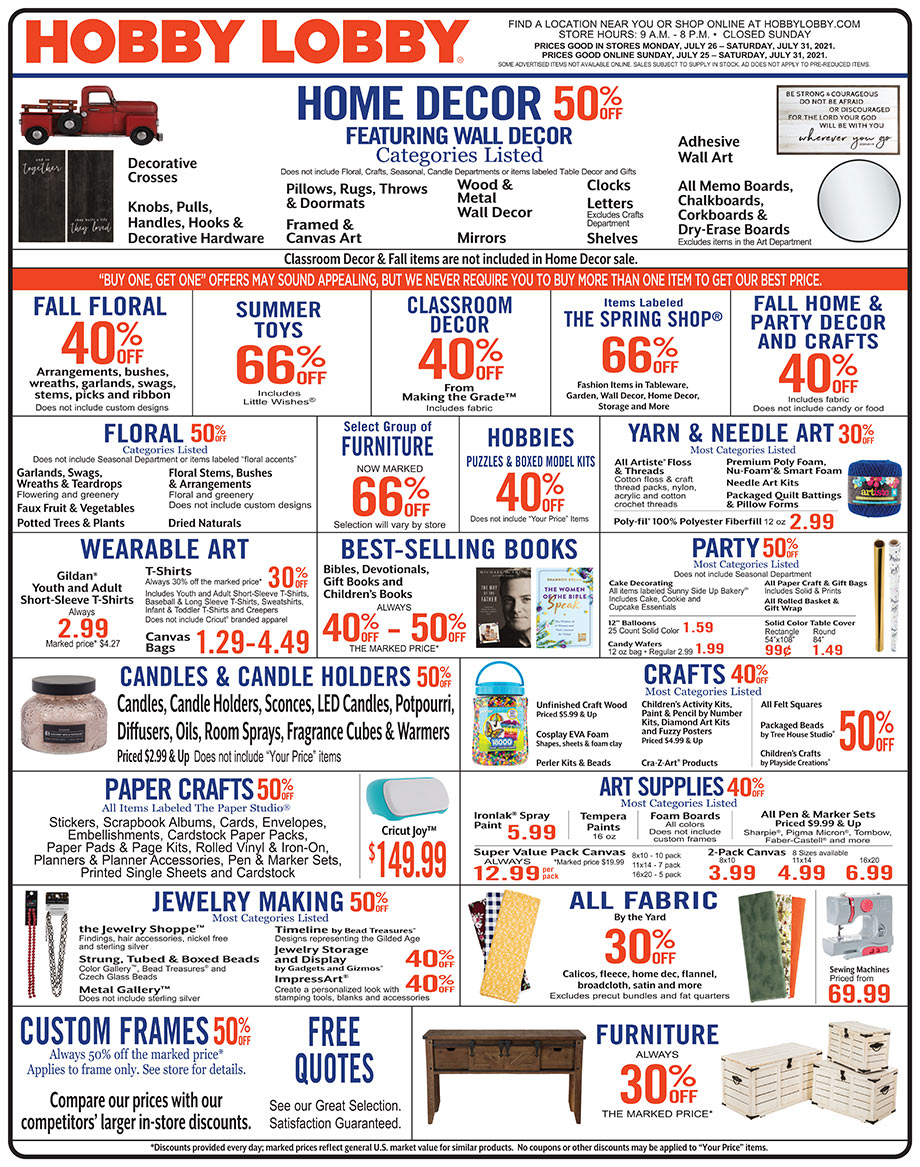 Hobby Lobby Weekly Ad - Prices Good Through July 31st 2021 Hobby Lobby Weekly Ad - Prices Good Through July 31st 2021