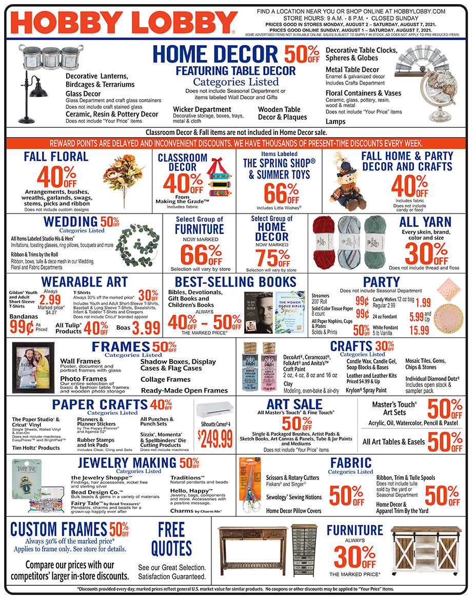 Hobby Lobby Weekly Ad - Prices Good Through August 7th 2021 Hobby Lobby Weekly Ad - Prices Good Through August 7th 2021