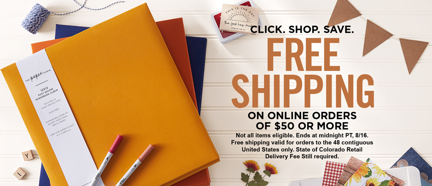 click shop save free shipping on online orders of fifty dollars or more not all items eligible ends at midnight pt, 8/16 free shipping valid for orders to the 48 contiguous united states only state of colorado retail delivery fee still required