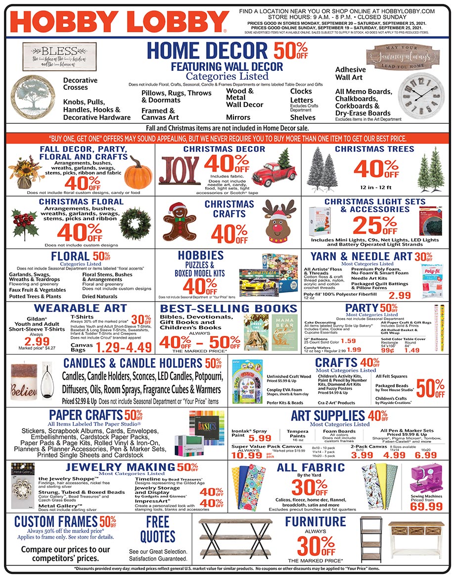 Hobby Lobby Weekly Ad - Prices Good Through September 25th 2021 Hobby Lobby Weekly Ad - Prices Good Through September 25th 2021