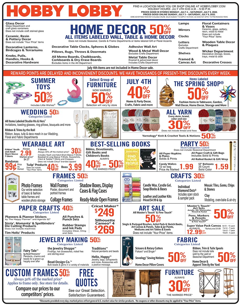 Hobby Lobby Weekly Ad - Prices Good Through July 9, 2022 Hobby Lobby Weekly Ad - Prices Good Through July 9, 2022