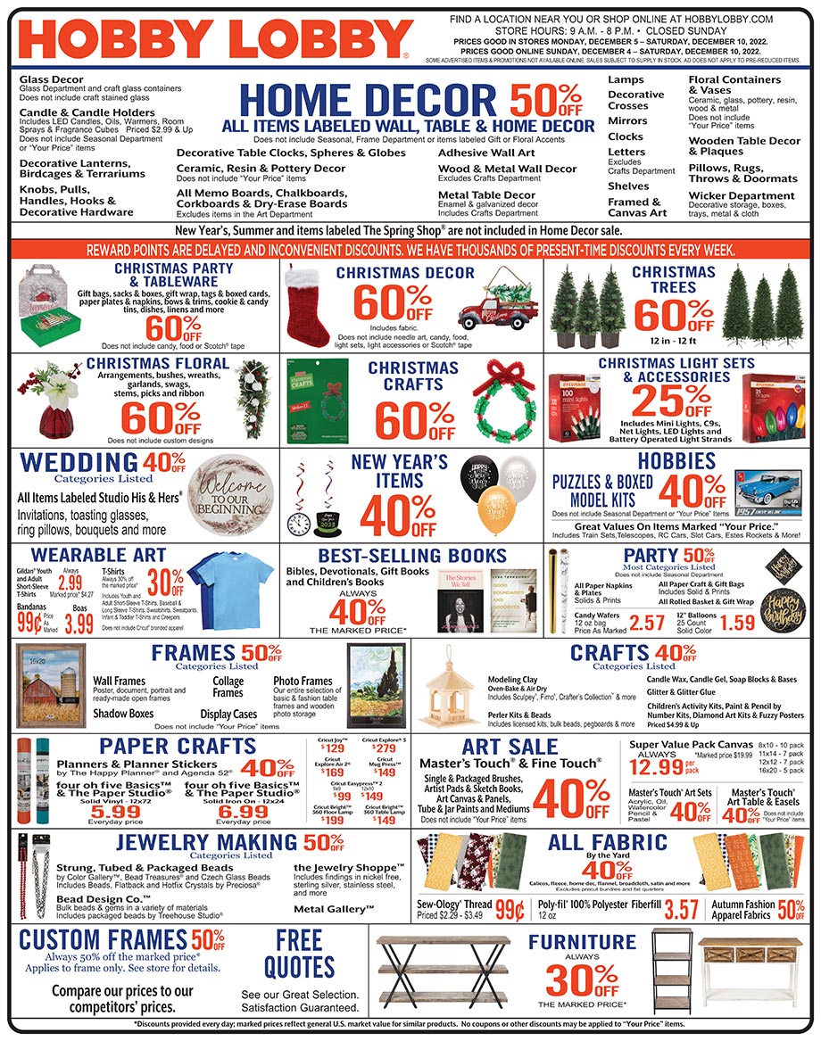 Hobby Lobby Weekly Ad - Prices Good Through December 10, 2022 Hobby Lobby Weekly Ad - Prices Good Through December 10, 2022