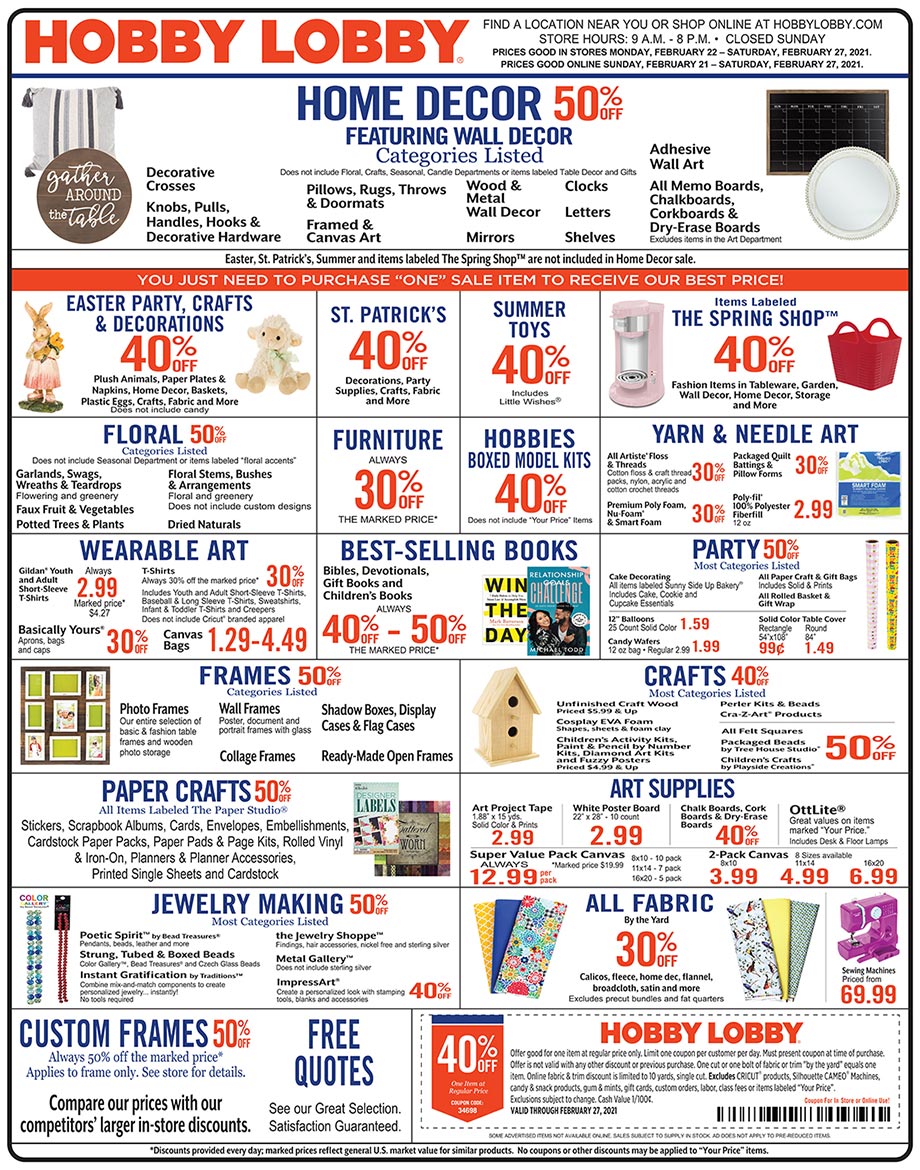 Hobby Lobby Weekly Ad - Prices Good Through February 27th 2021 Hobby Lobby Weekly Ad - Prices Good Through February 27th 2021