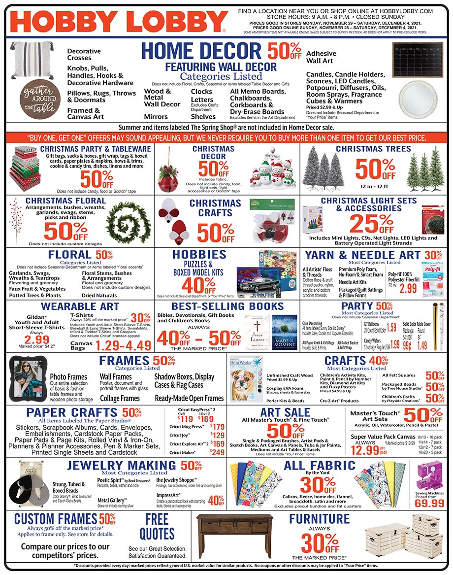 Hobby Lobby Weekly Ad - Prices Good Through December 4th 2021 Hobby Lobby Weekly Ad - Prices Good Through December 4th 2021