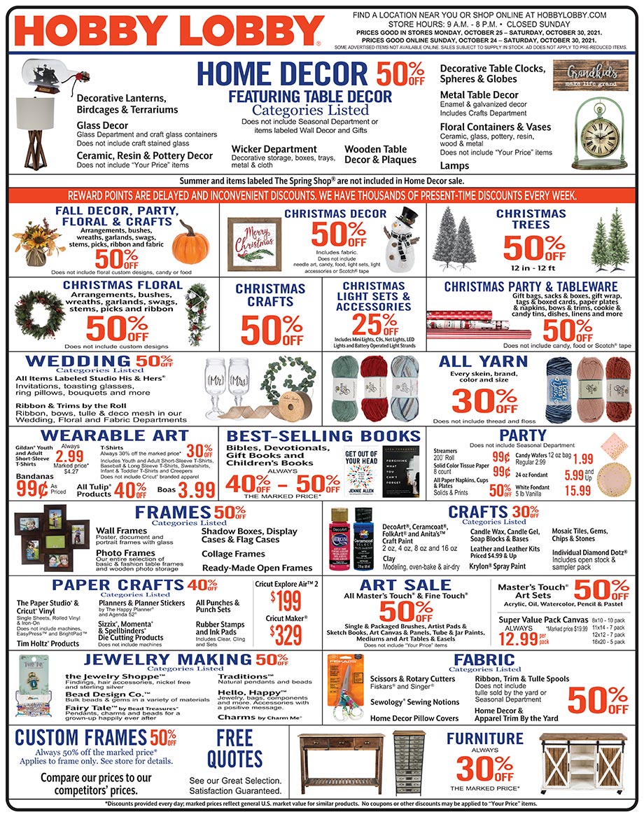 Hobby Lobby Weekly Ad - Prices Good Through October 30th 2021 Hobby Lobby Weekly Ad - Prices Good Through October 30th 2021
