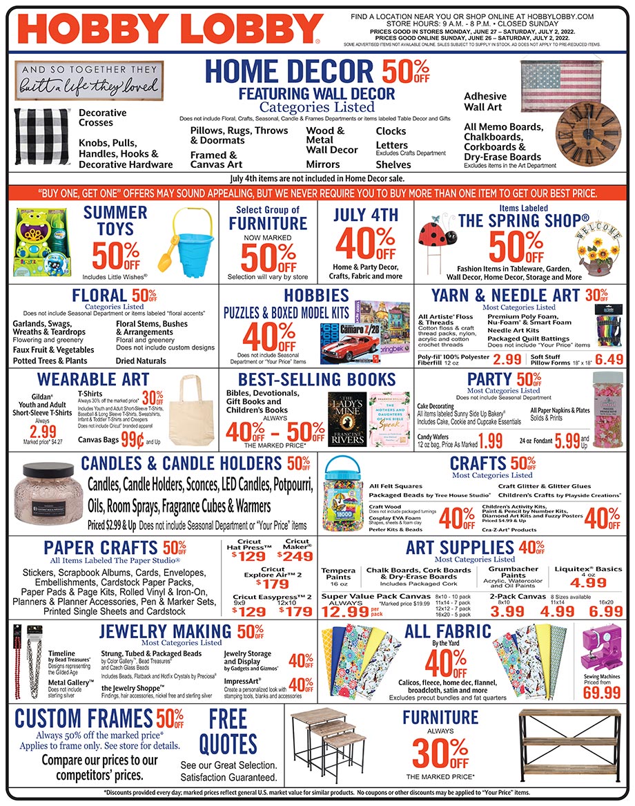 Hobby Lobby Weekly Ad - Prices Good Through July 2nd 2022 Hobby Lobby Weekly Ad - Prices Good Through July 2nd 2022