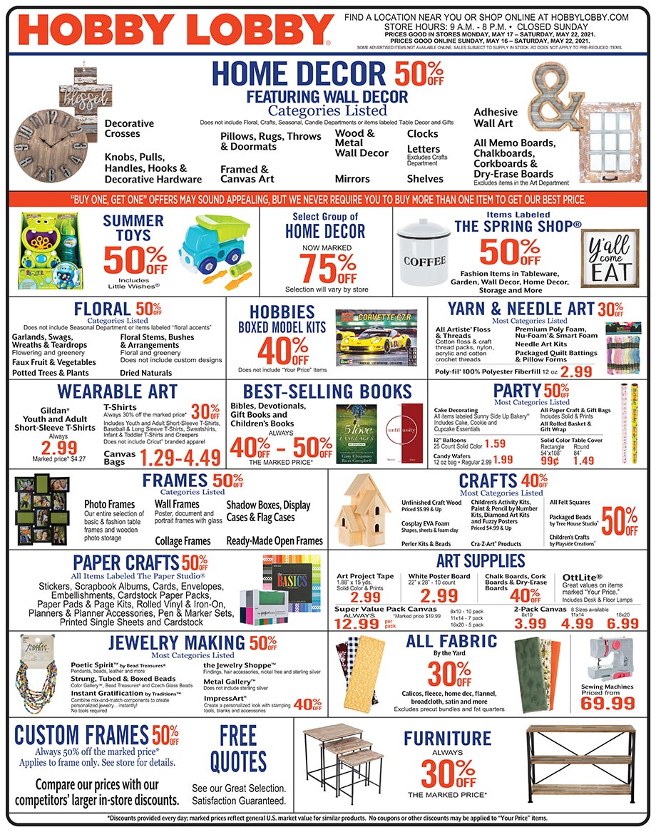 Hobby Lobby Weekly Ad - Prices Good Through May 22nd 2021 Hobby Lobby Weekly Ad - Prices Good Through May 22nd 2021
