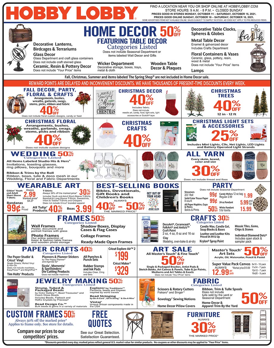 Hobby Lobby Weekly Ad - Prices Good Through October 16th 2021 Hobby Lobby Weekly Ad - Prices Good Through October 16th 2021