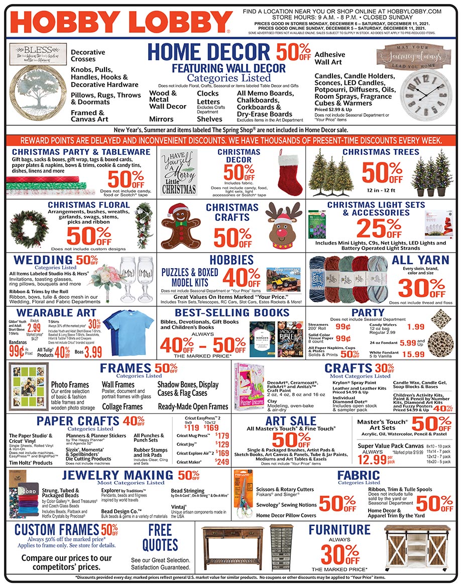 Hobby Lobby Weekly Ad - Prices Good Through December 11th 2021 Hobby Lobby Weekly Ad - Prices Good Through December 11th 2021