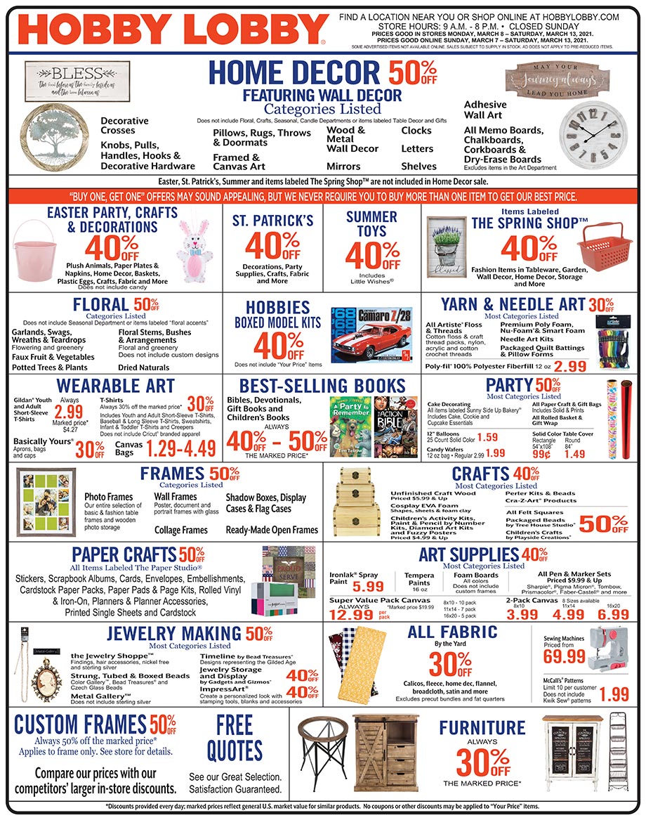 Hobby Lobby Weekly Ad - Prices Good Through March 13th 2021 Hobby Lobby Weekly Ad - Prices Good Through March 13th 2021