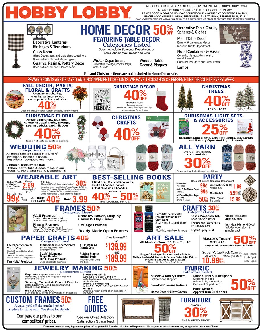 Hobby Lobby Weekly Ad - Prices Good Through September 18th 2021 Hobby Lobby Weekly Ad - Prices Good Through September 18th 2021