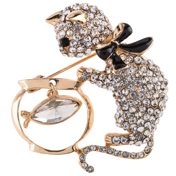 Kitty & Fish Bowl Rhinestone Brooch Hobby Lobby 1589001