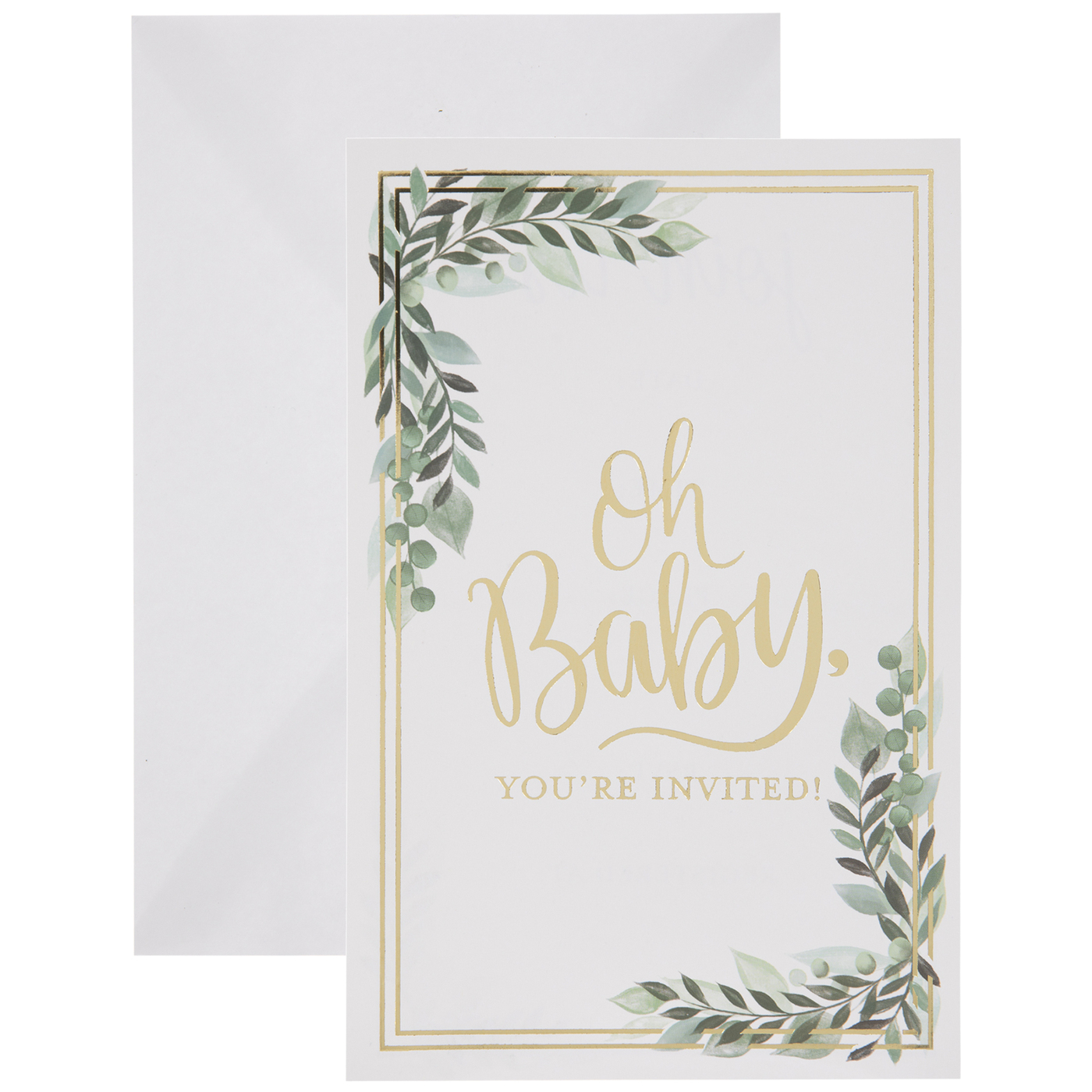 Tropical Greenery Baby Shower Invitation With Gold Metallic Balloon 